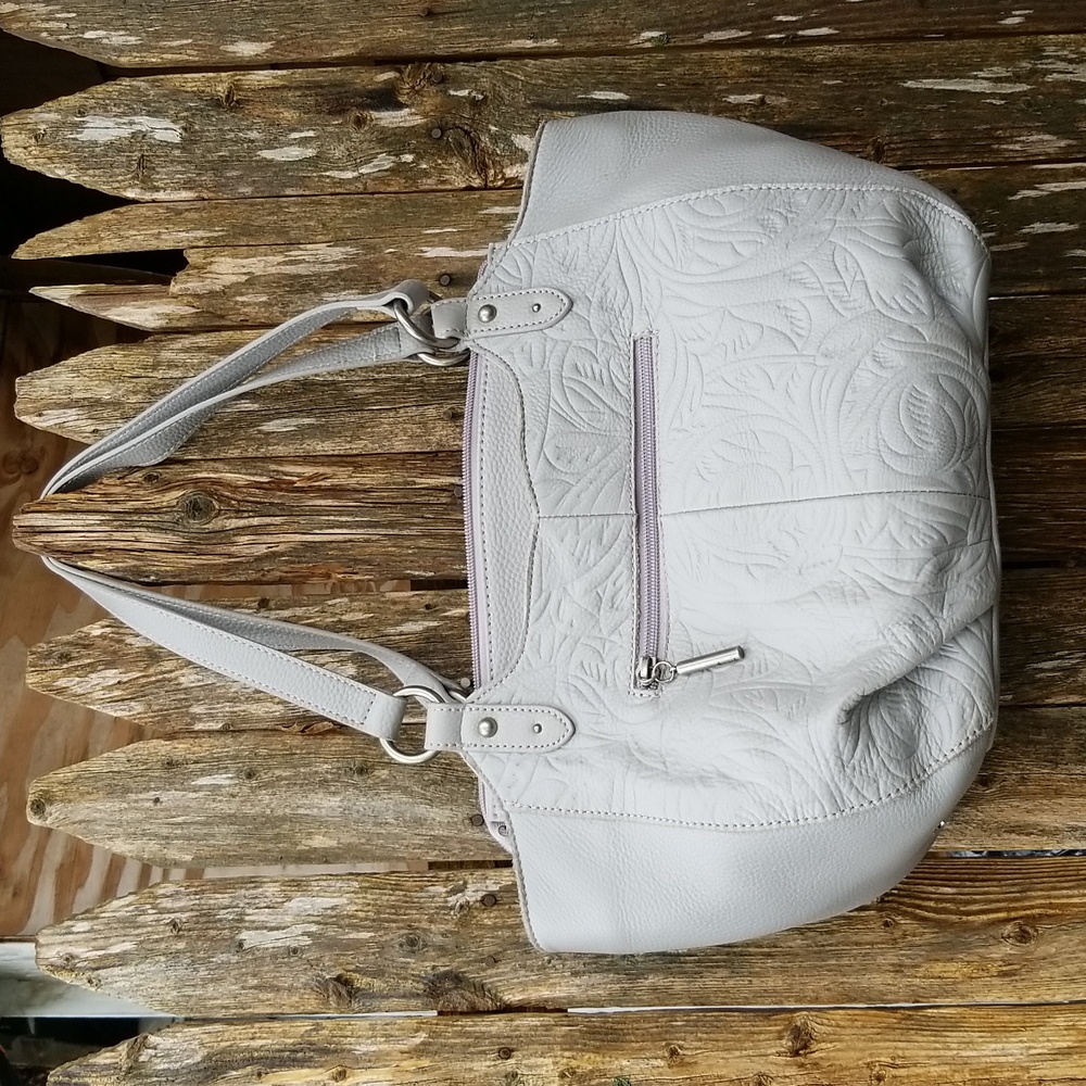 FANCY the sac FLORAL TOOLED GRAY BUTTERY ALL LEATHER HoBo BAG WOMEN'S SATCHEL